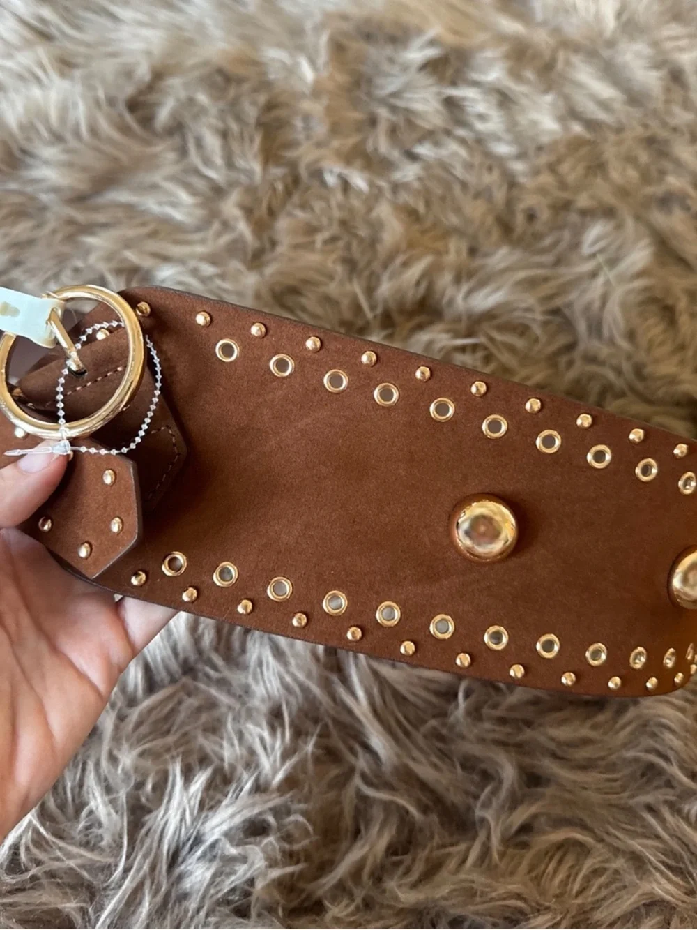 Tan faux suede western belt chunky gold studs chic cowgirl wide belt rare